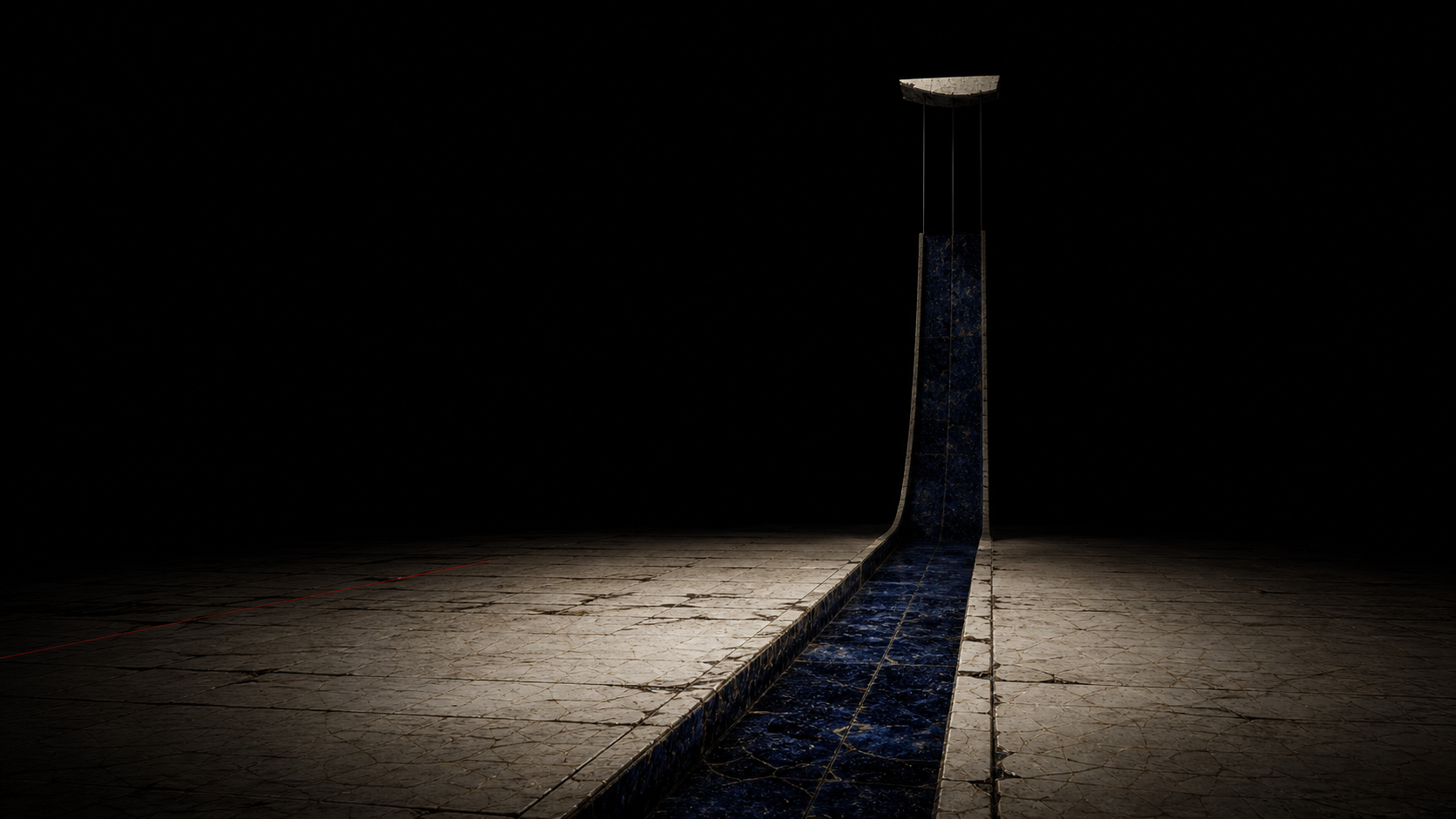 An impossible ultramarine trench rises from a cracked porcelain floor into a black interior.